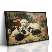 Puppies Rest Among Garden Geraniums