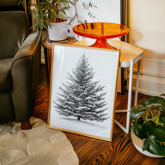 Snow-Covered Pine Tree Drawing - Winter Botanical Art - Gallery Canvas image 2