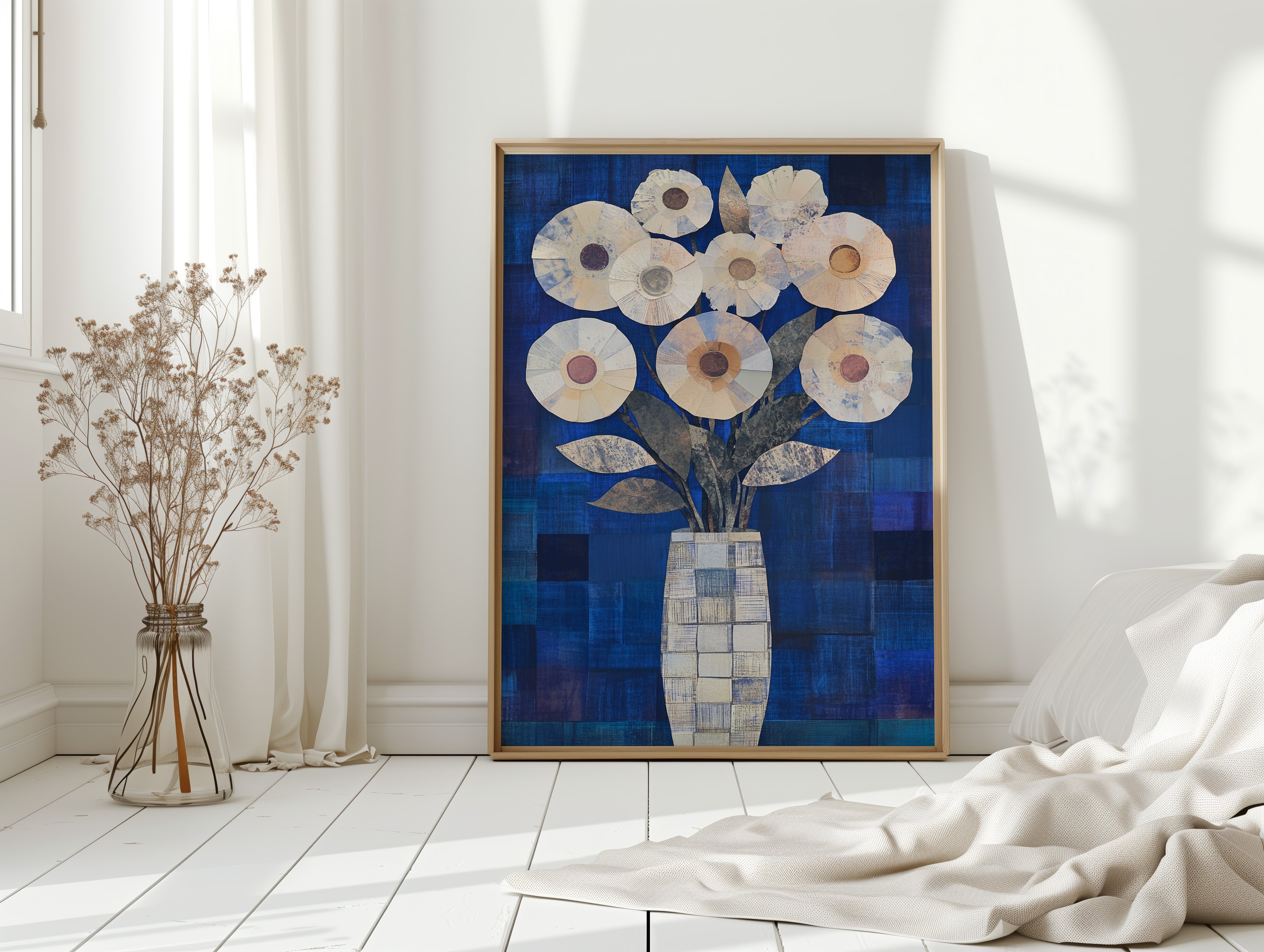 Moonlit Daisies In Checkered Vase