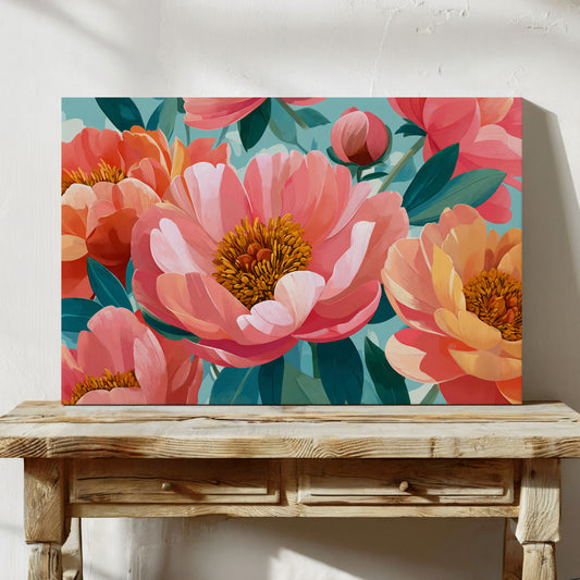 Coral Peonies Dance In Turquoise