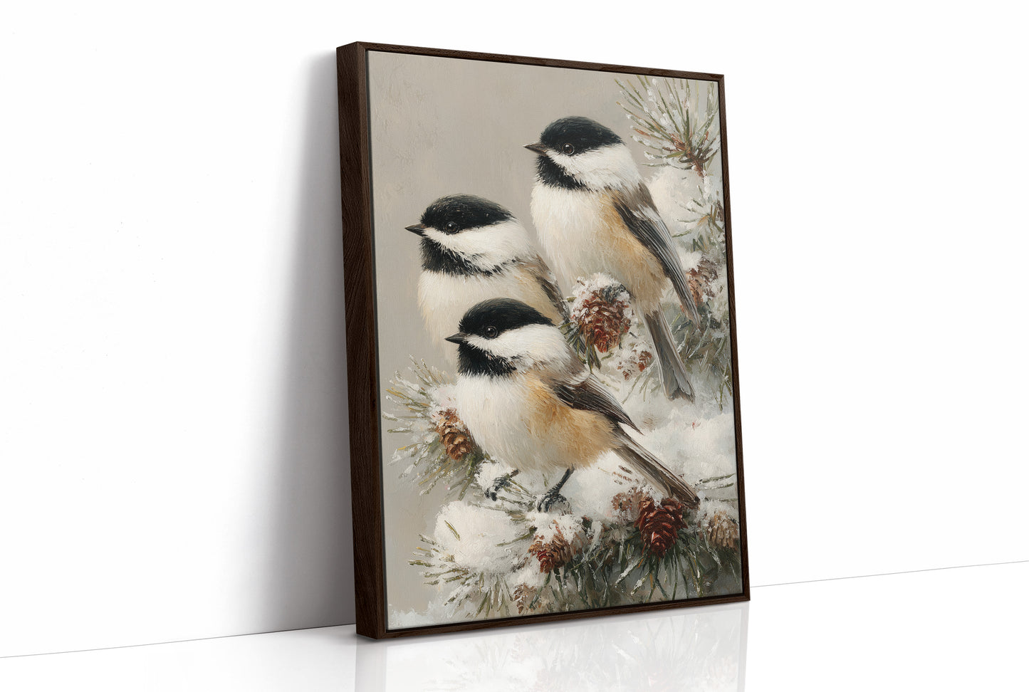 Chickadees on Frosted Pine