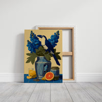 Toucan and Blue Delphiniums
