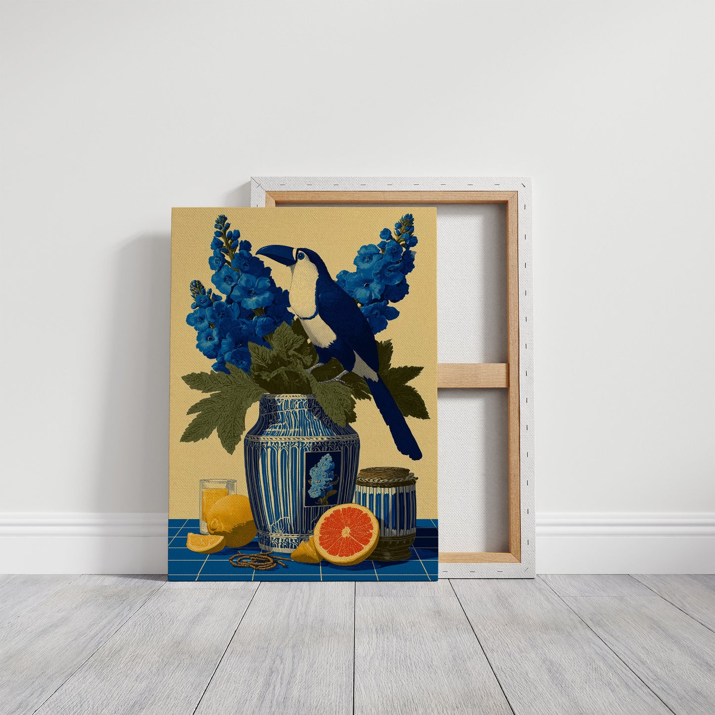 Toucan and Blue Delphiniums