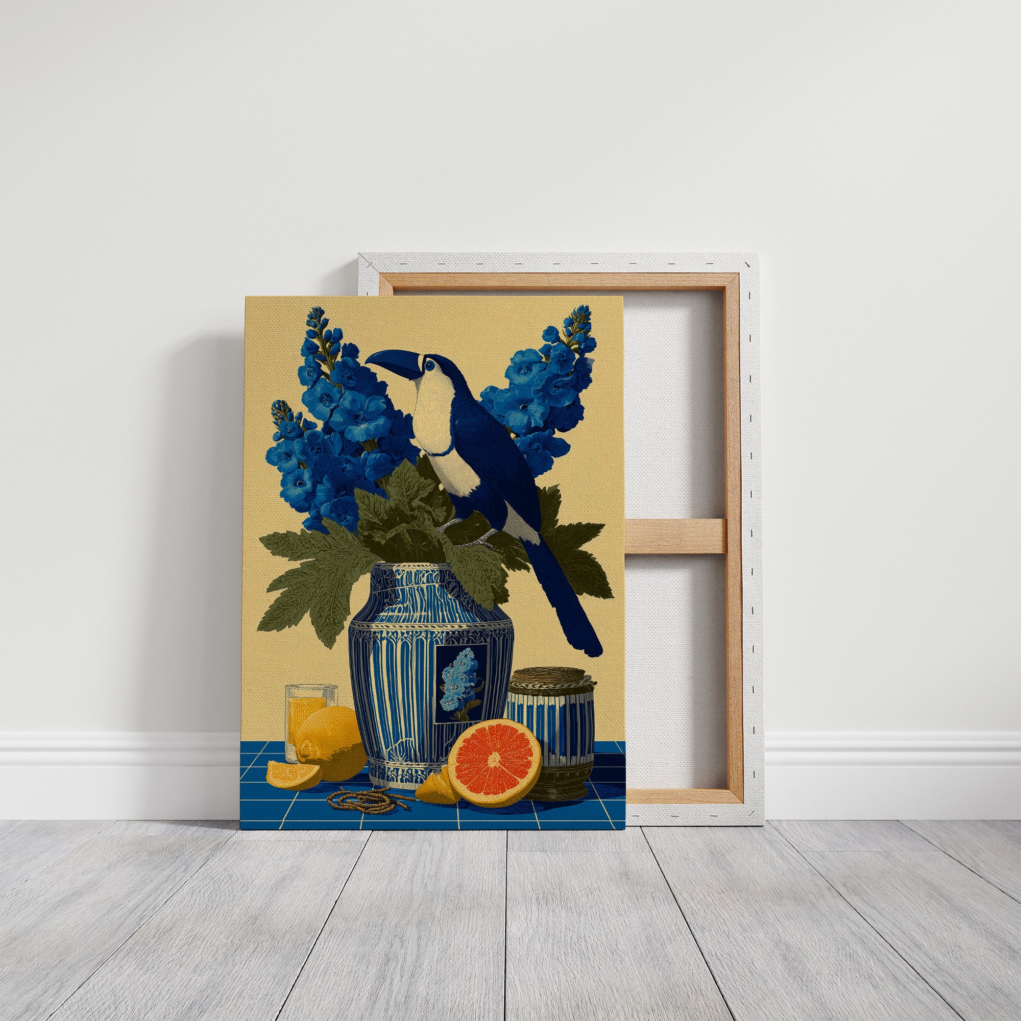 Toucan and Blue Delphiniums