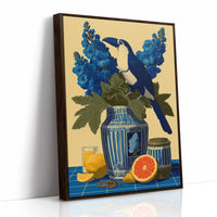 Toucan and Blue Delphiniums