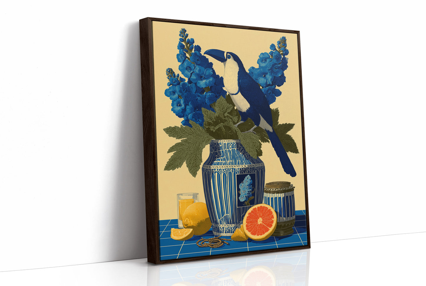 Toucan and Blue Delphiniums