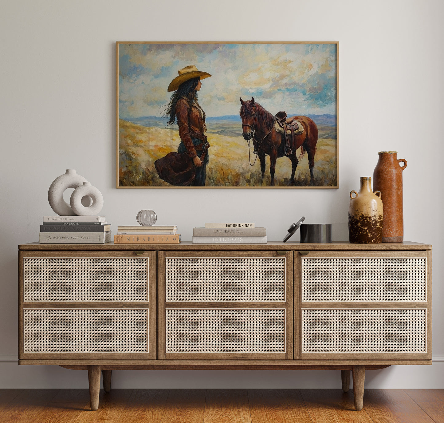 Cowgirl and Her Mustang on the Open Range