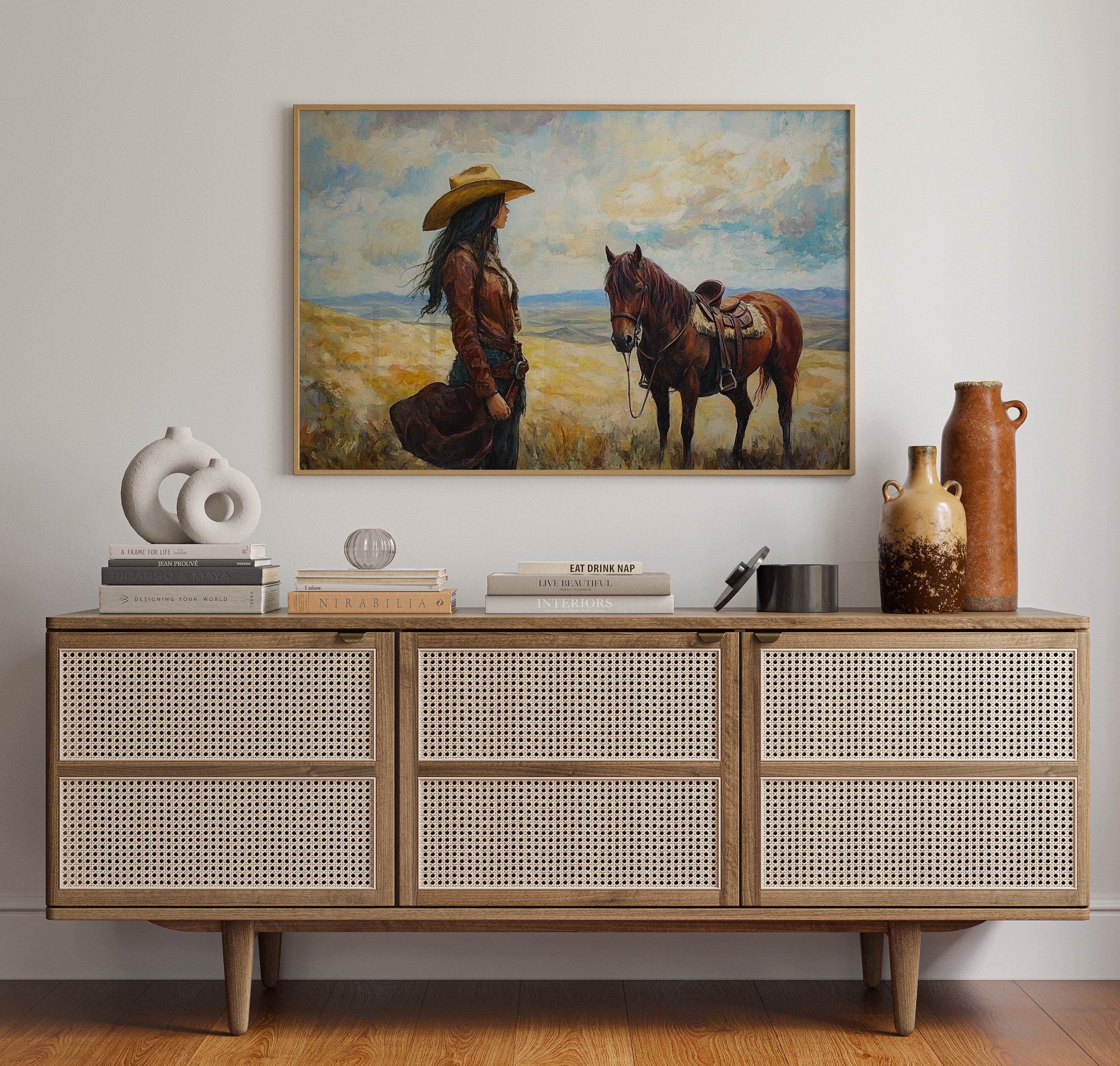 Cowgirl and Her Mustang on the Open Range