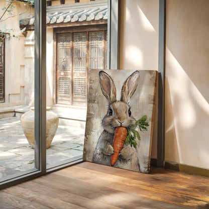 Adorable Bunny with Carrot – Rustic Farmhouse Animal Wall Art Print