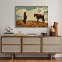 Cowgirl and Horse Under Big Sky