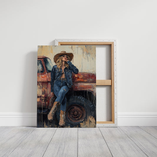 Denim Cowgirl by the Rusted Truck