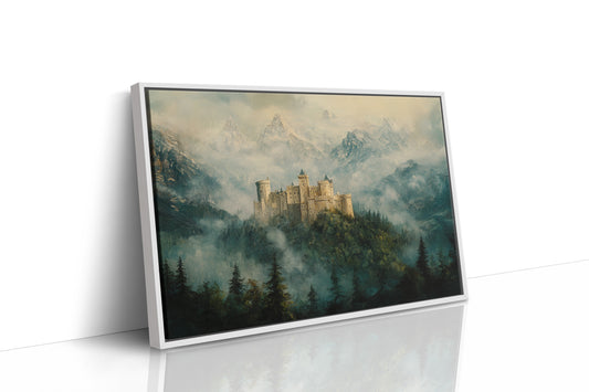 Misty Mountain Castle: Ethereal Fantasy Landscape Canvas Wall Art
