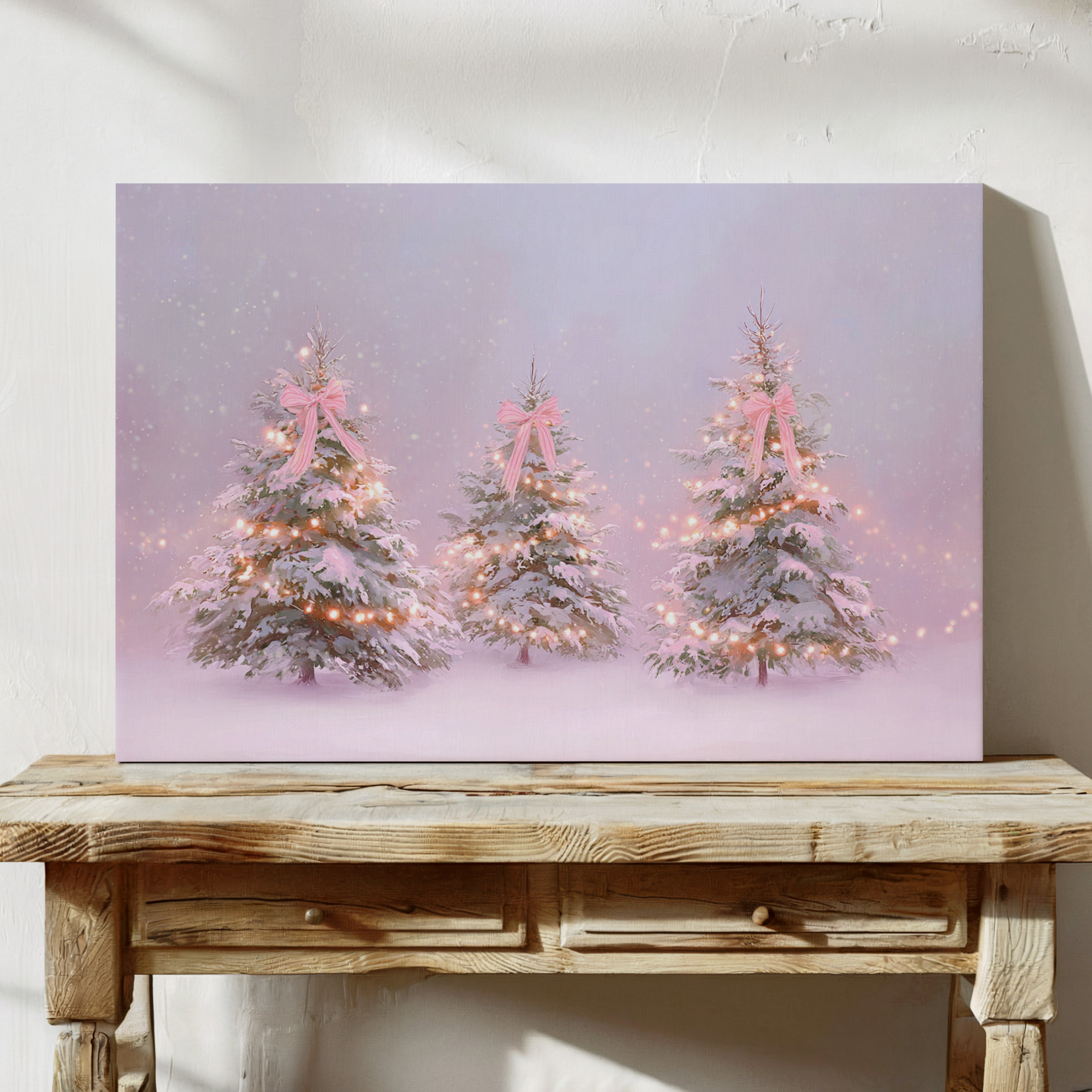 Pink Bows Dance Through Snow Light