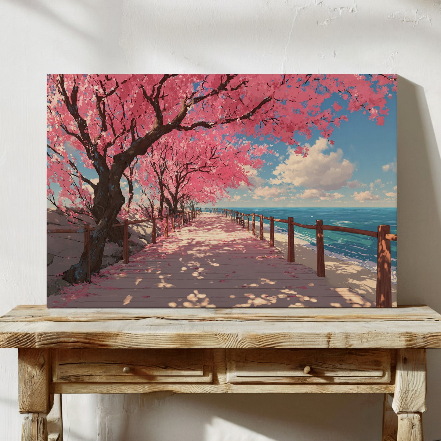 Cherry Blossoms Dance Above Ocean Paths