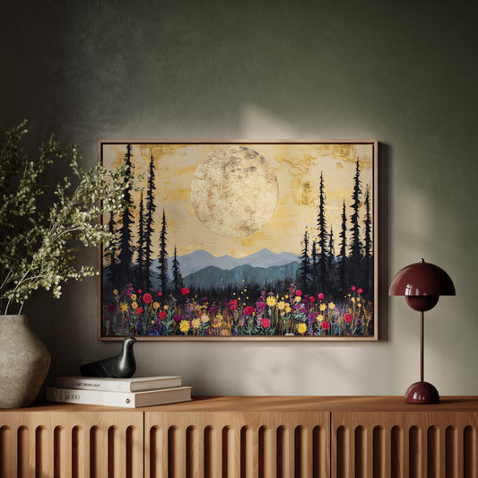 Moonlit Meadow Beneath Mountain Peaks