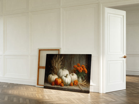 White Pumpkins Among Marigold Flames