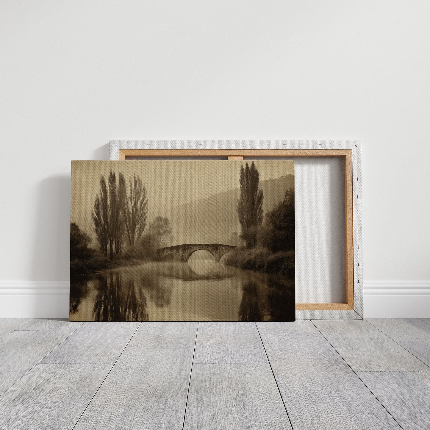 Foggy Bridge Among Tall Poplars