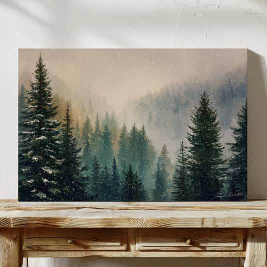 Snow Dances Through Evergreen Light