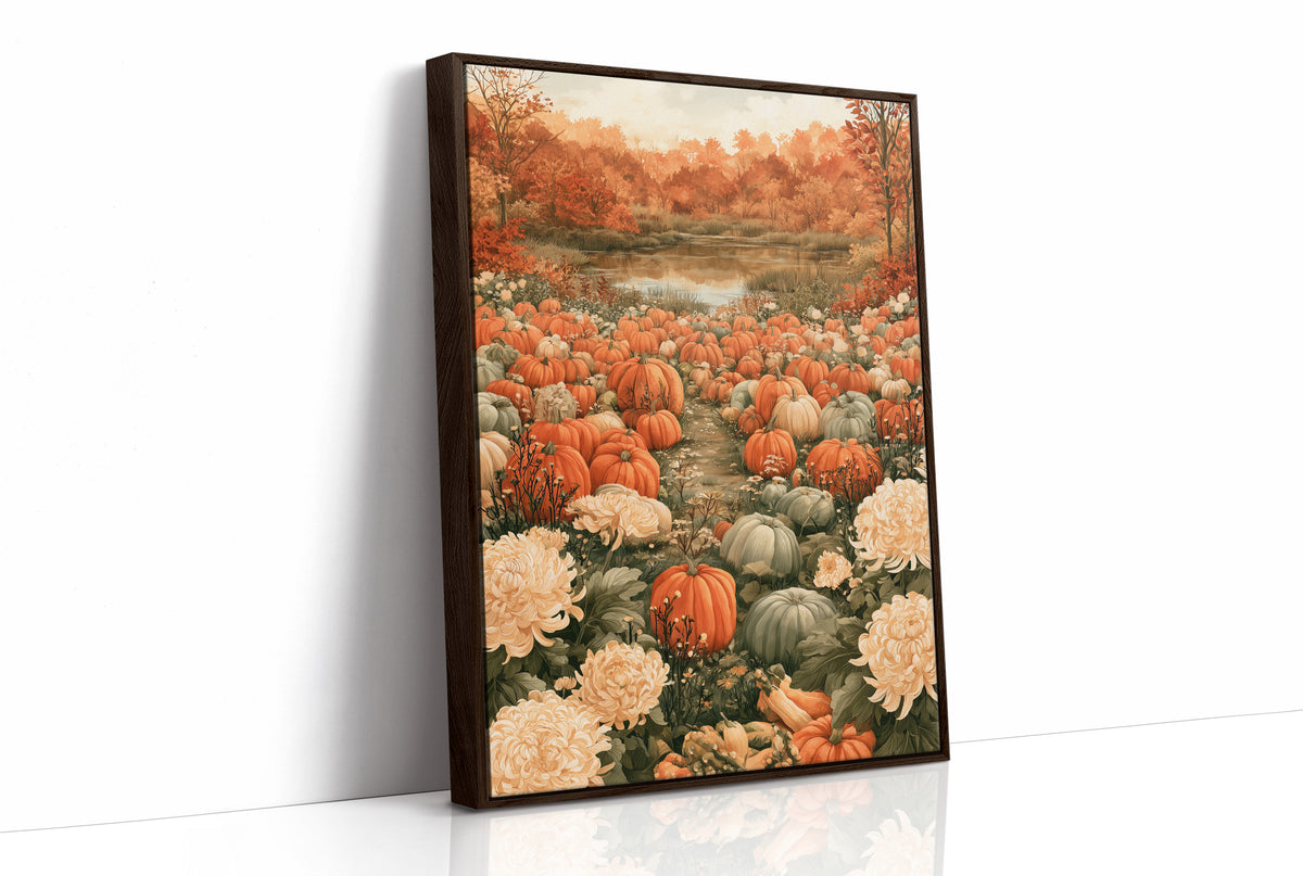 Mums The Word In The Pumpkin Patch, print in a brown wood frame