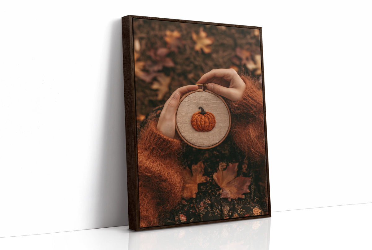 Hoop Dreams, Pumpkin Edition, print in a brown wood frame