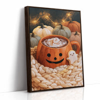 Mug Life: Jack O Latte Edition, print in a brown wood frame
