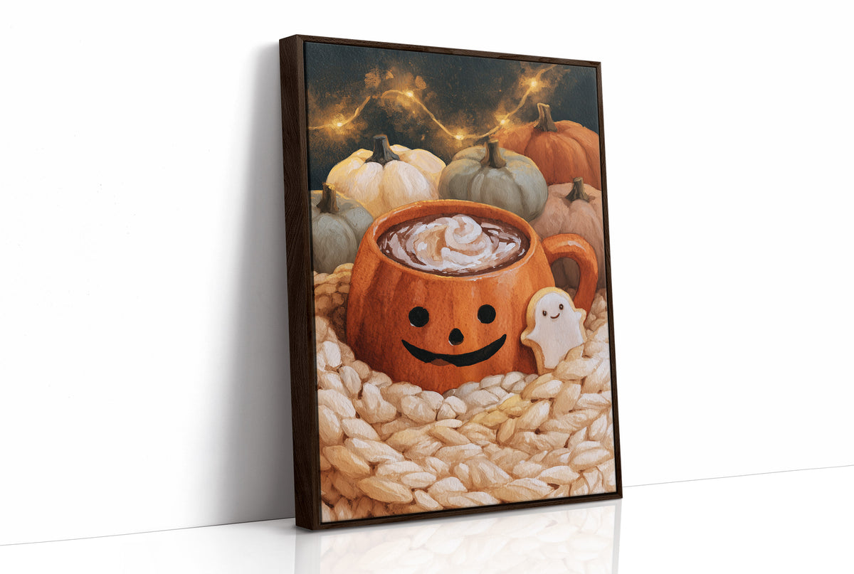 Mug Life: Jack O Latte Edition, print in a brown wood frame
