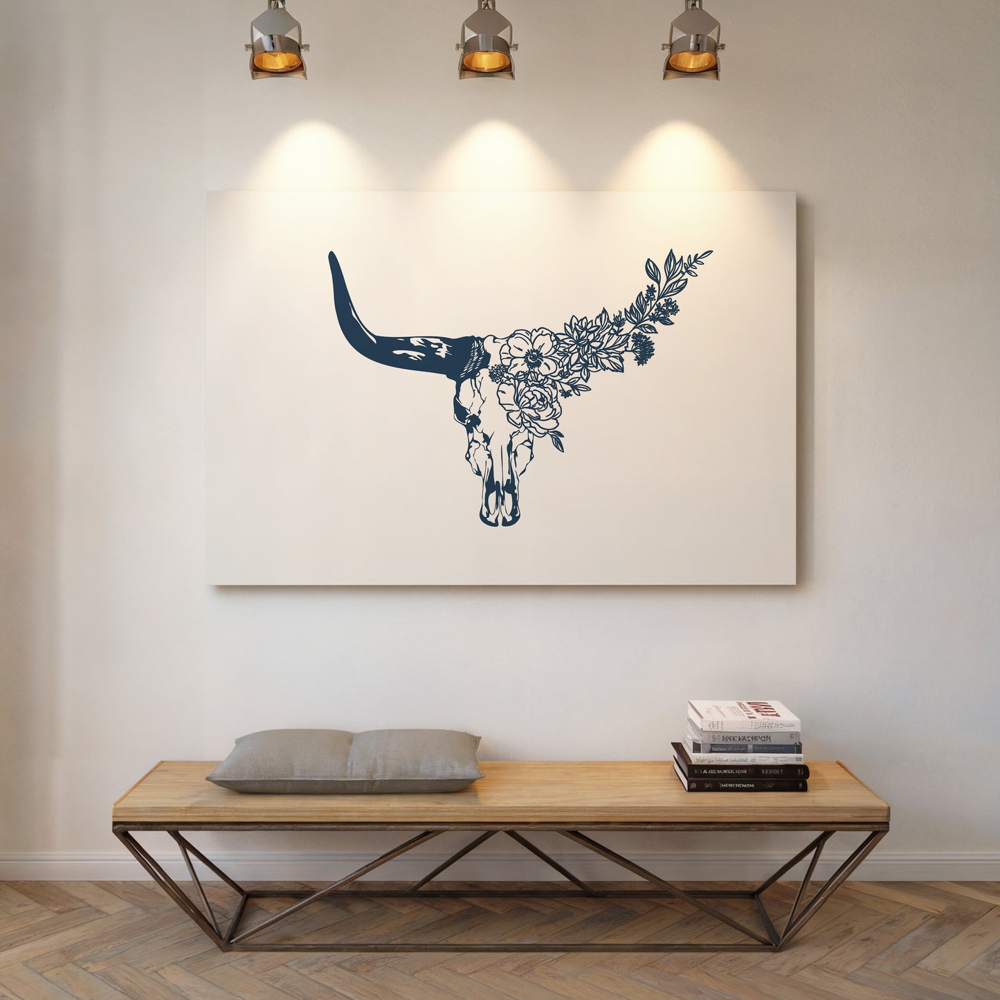 Floral Longhorn Skull Wall Art – Western Boho Cow Skull Print