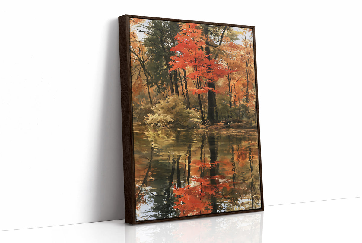 Seeing Red, Reflecting Well, print in a brown wood frame