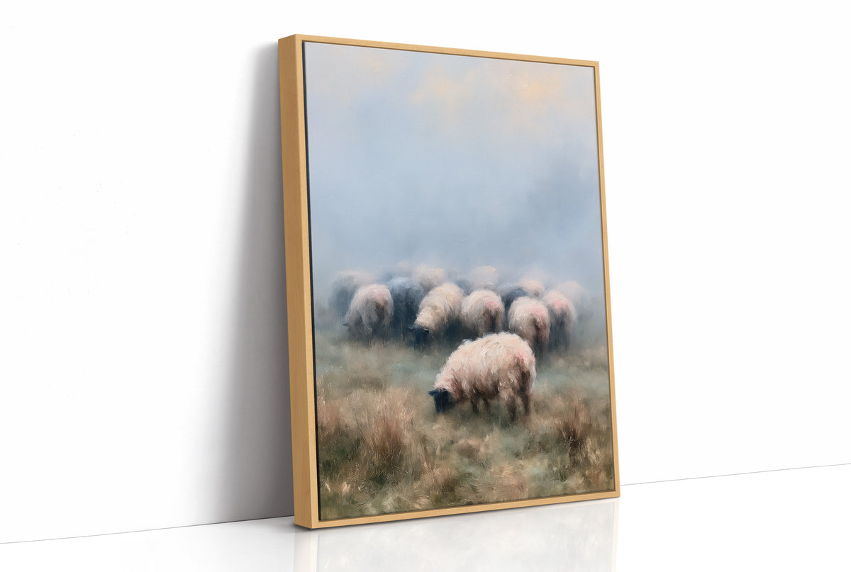 Sheep Grazing in Morning Mist