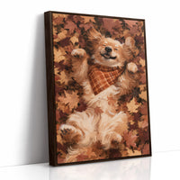 Belly Up, Leaf Pile Approved, print in a brown wood frame