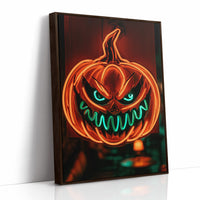 Glow Up, Grin Wide, Scare Hard, print in a brown wood frame
