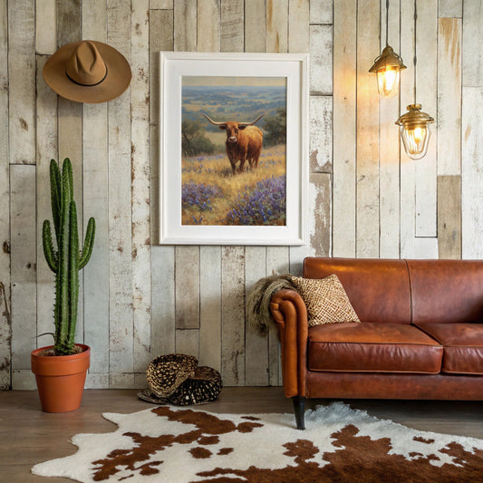 Longhorn Grazes Among Bluebonnet Dreams