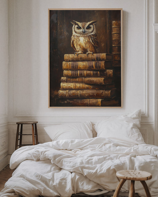 Wise Owl on Antique Books – Dark Academia Wall Art, Vintage Library Print, Scholar’s Study Decor