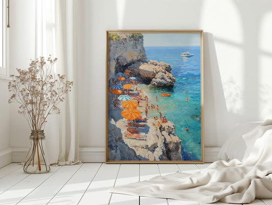 Orange Umbrellas Line Mediterranean Shores