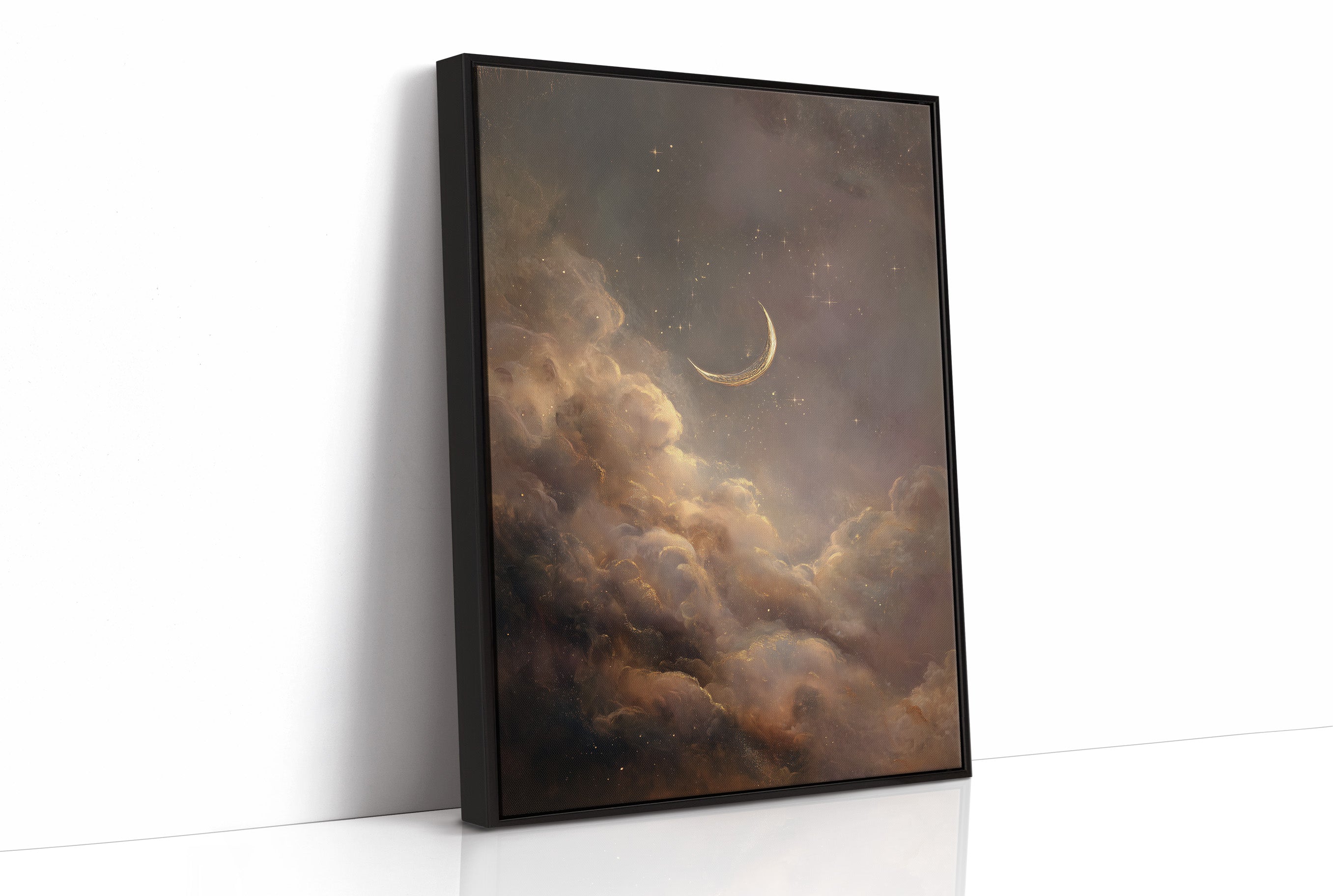 Crescent Floats Through Amber Clouds