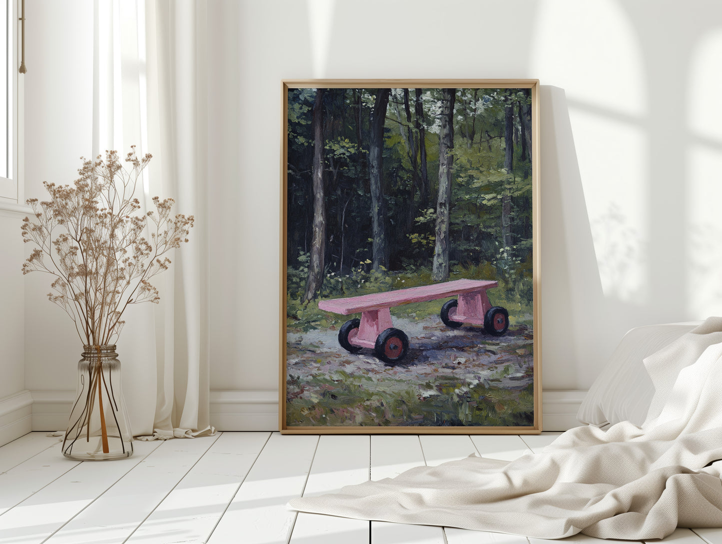 Pink Bench Rests In Forest Shade