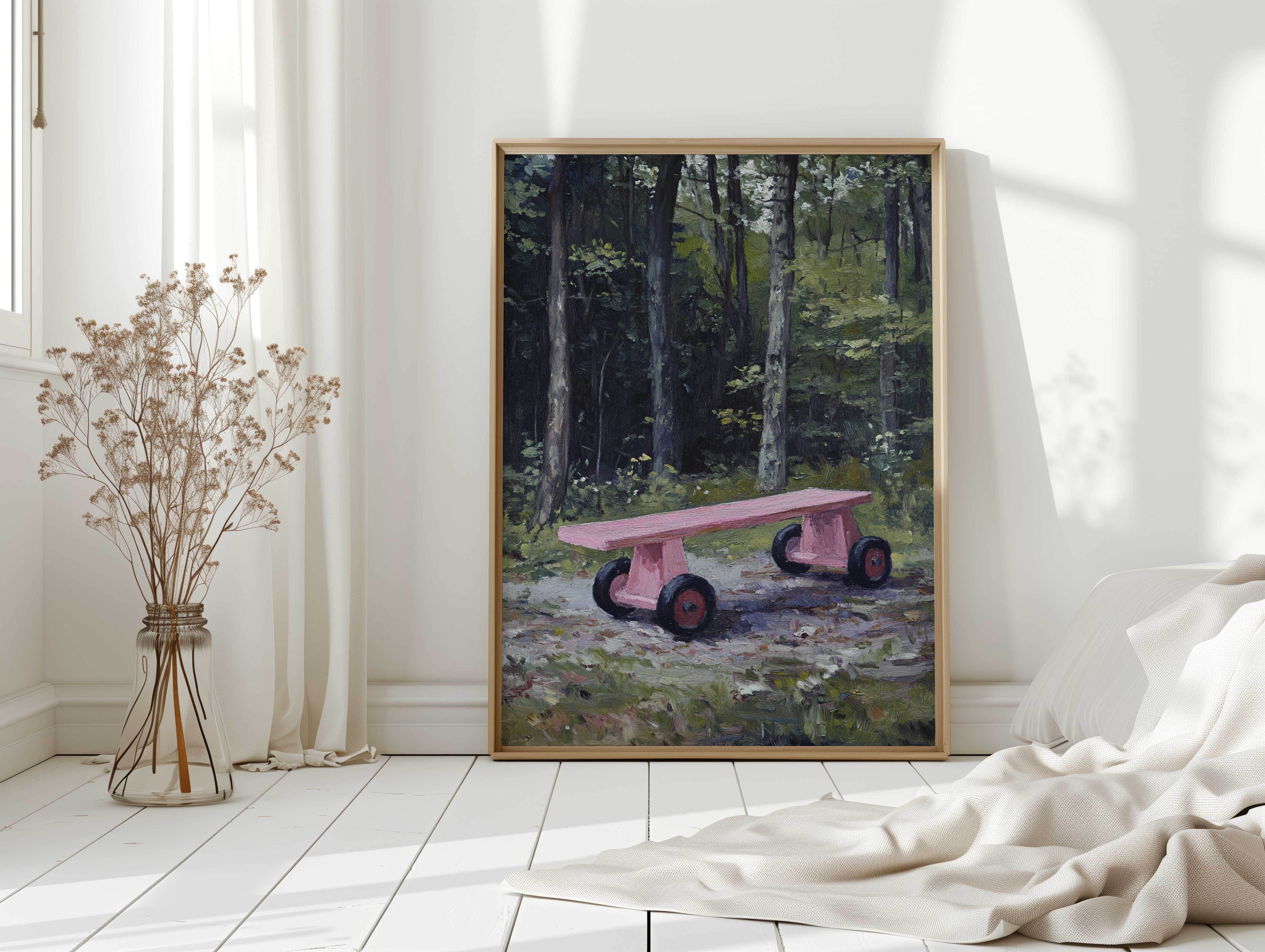 Pink Bench Rests In Forest Shade