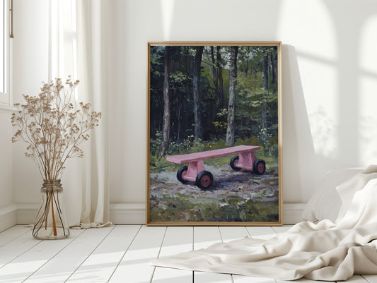 Pink Bench Rests In Forest Shade