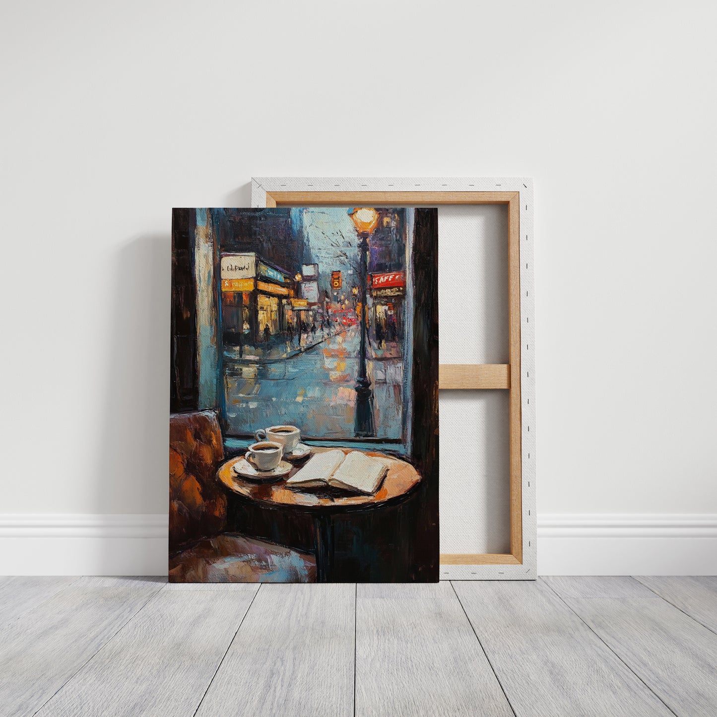 Cozy Rainy Cafe Scene – Atmospheric Coffee Shop Window Wall Art