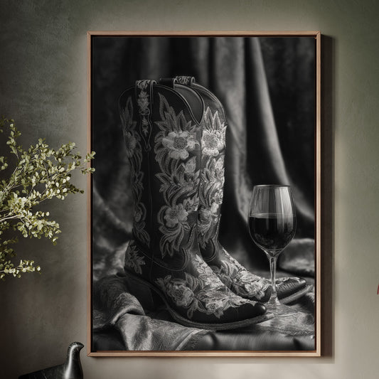 cowboy boots with a glass of wine hanging over cabinet 