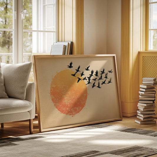 Minimalist Japanese Birds & Sun Print – Vintage Ink Illustration