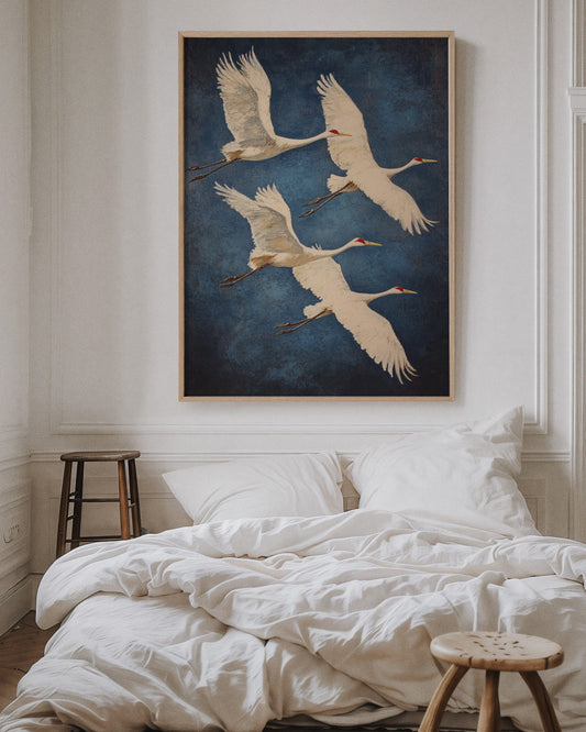 Graceful Flight – Vintage Crane Wall Art, Elegant Nature-Inspired Home Decor
