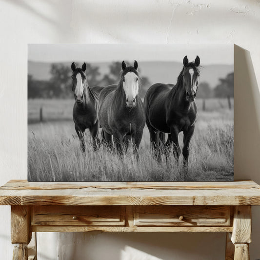 Three Mares Stand Among Prairie Grass