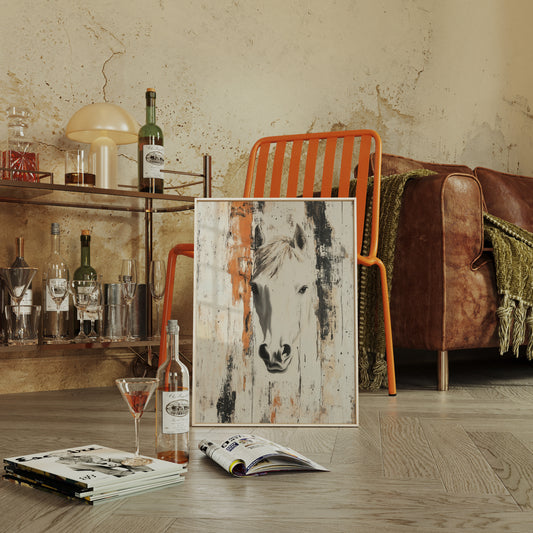 White Horse Against Rustic Planks