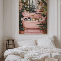Cat Spa Day – Funny Cat Wall Art, Pink Bathtub Aesthetic, Cozy Home Decor