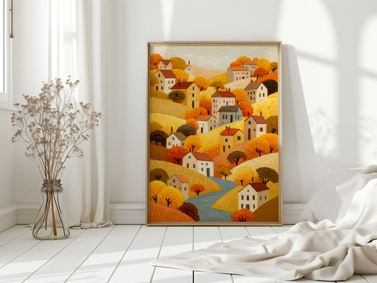Autumn River Winds Through Village