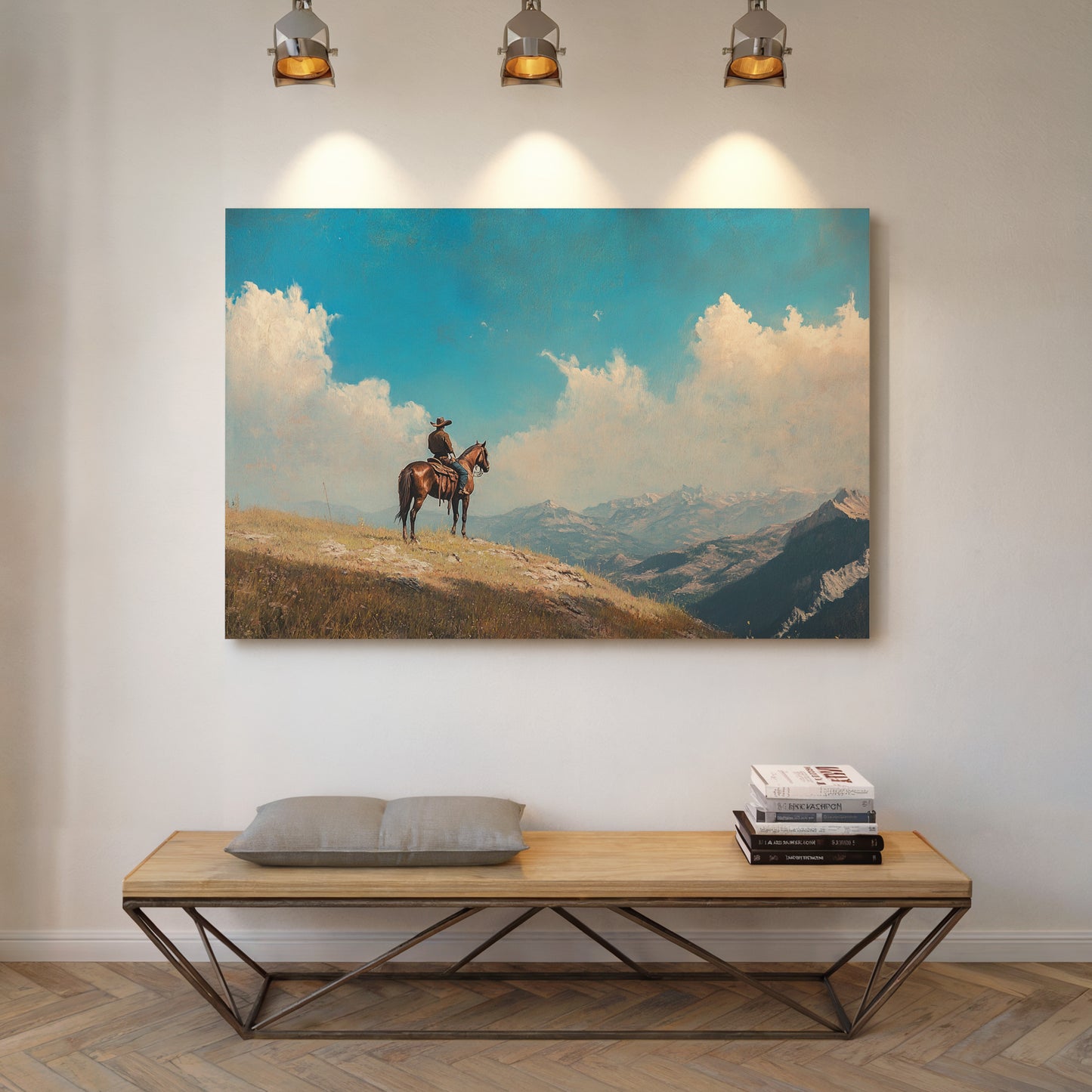 Lone Cowboy on Horseback – Western Mountain Landscape Wall Art Print