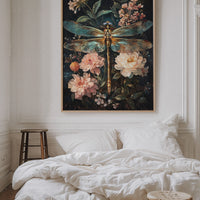 Golden Dragonfly: Dark Floral Baroque Canvas Wall Art