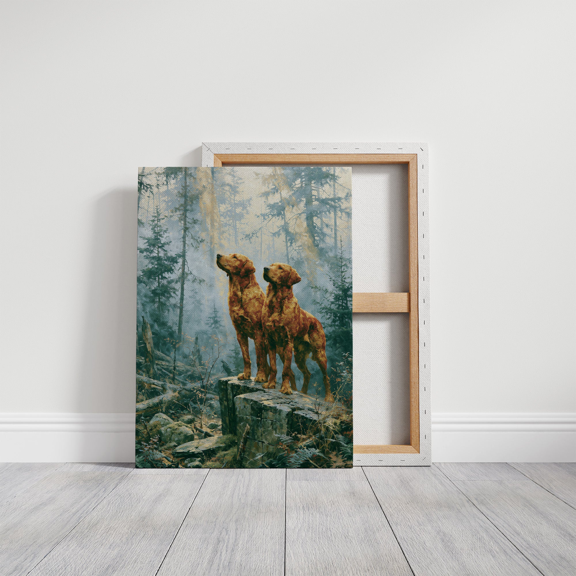 Retrievers Gazing Skyward in the Blue Forest