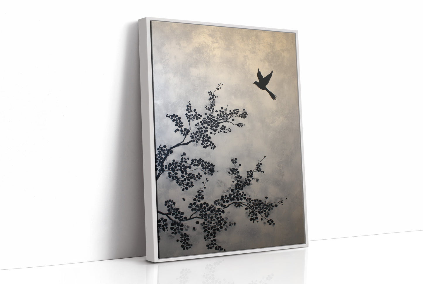 Bird Takes Flight Through Cherry Blooms